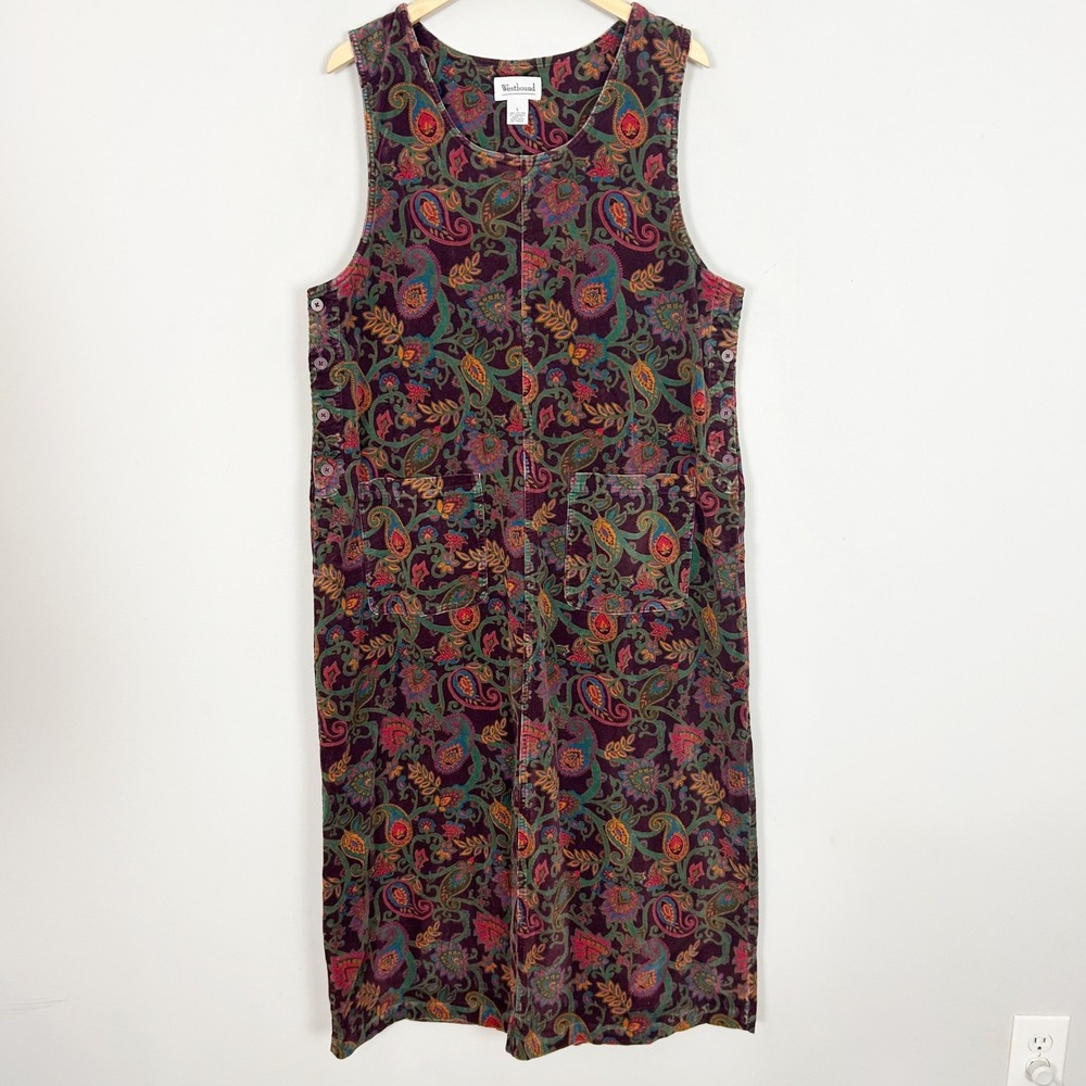 Vtg Westbound Jumper Dress Purple Paisley Corduroy Maxi Women's Size Large